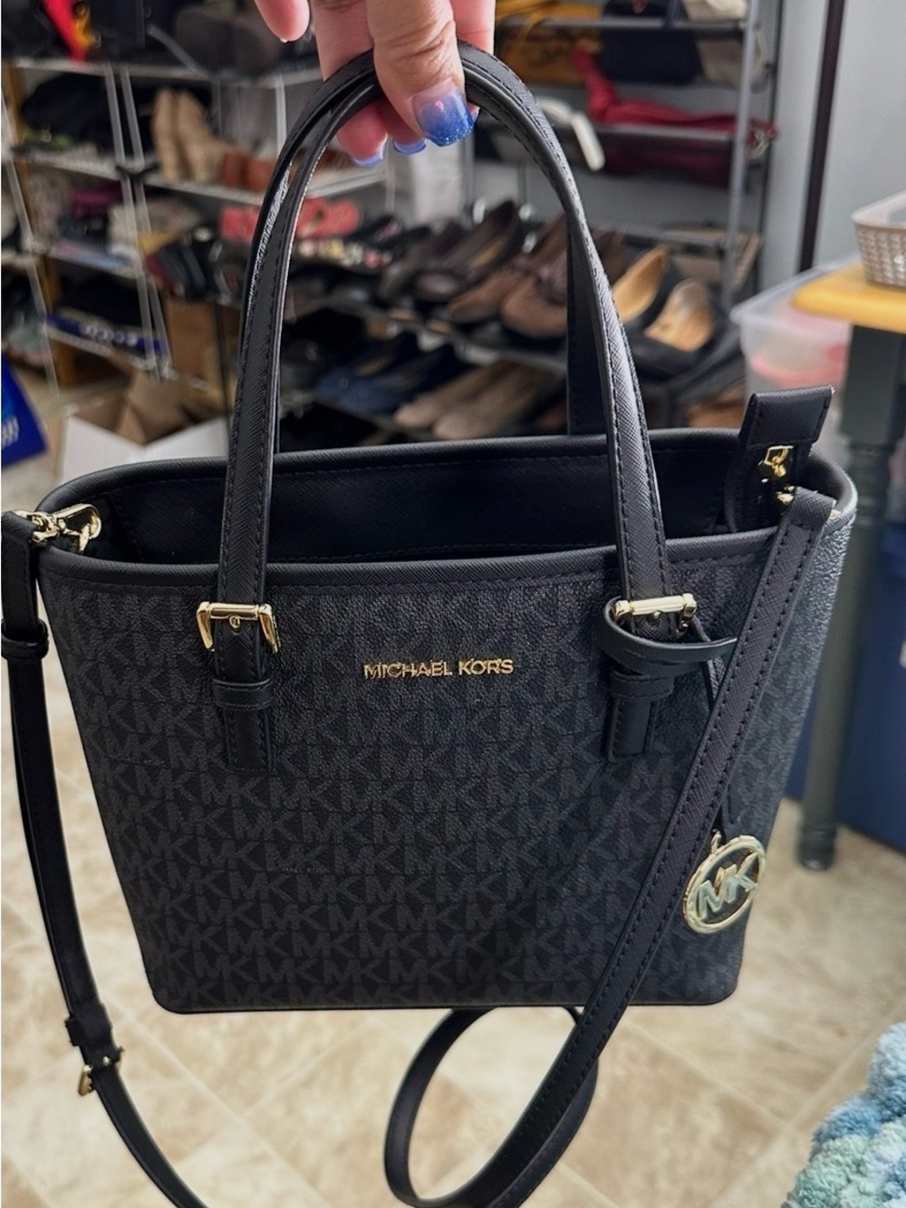 Michael Kors Black Signature Crossbody Tote with Gold Hardware